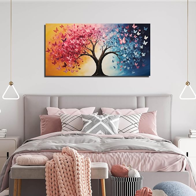 GUGIKA Tree Canvas Wall Art for Living Room, Pink Gold and Blue Butterflies Wall-Decor for Bedroom, Natural Pictures for Hallway Office, Size 48x24 Inches