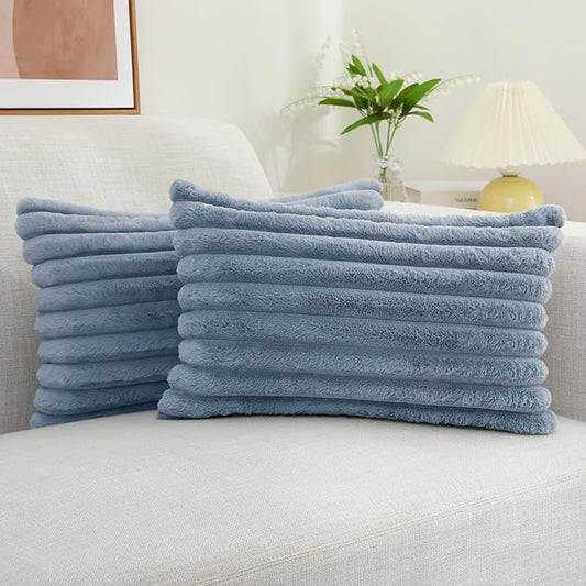 decorUhome Faux Fur Throw Pillow Covers 12x20 Set of 2, Decorative Soft Plush Striped Lumbar Neutral Couch Euro Pillow Covers with Velvet Back for Sofa, Bed, Living Room Home Decor, Grey Blue