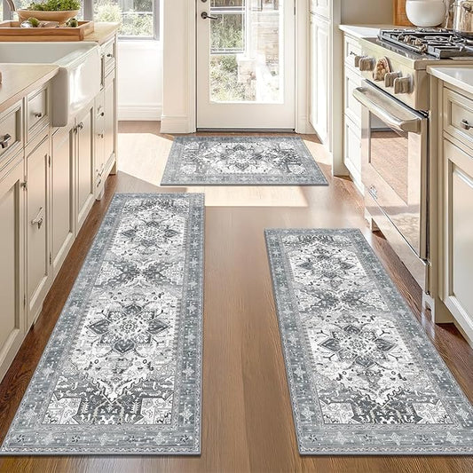 Yamaziot Boho Washable Kitchen Rugs Sets of 3, Non Slip Kitchen Mats for Floor with Rubber Backing, Waterproof & Stain Resistant Thick Carpet Runner Throw Rugs for Kitchen, Laundry Room, Hallway, Grey