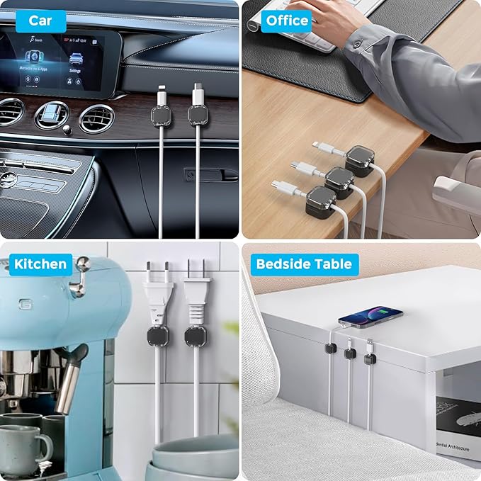 AhaStyle Magnetic Cable Organizer [1s Lock] 6 Pack Cord Cable Holders Clips Strong Adhesive Cable Cord Keeper [Smooth Adjustable] Hide Wire Cord Organizer for Nightstand Kitchen Car Office (Black)