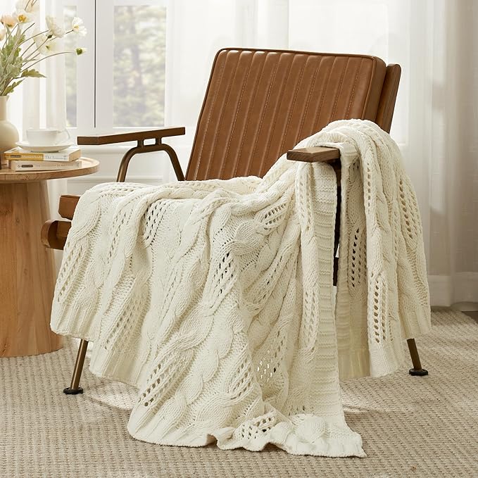 Amélie Home Chunky Knit Throw Blanket, Dual-Sided Soft Chenille Breathable Cable Knitted Blanket for Couch, Farmhouse Decorative Throw for Sofa & Chair, 50"x60", Ivory