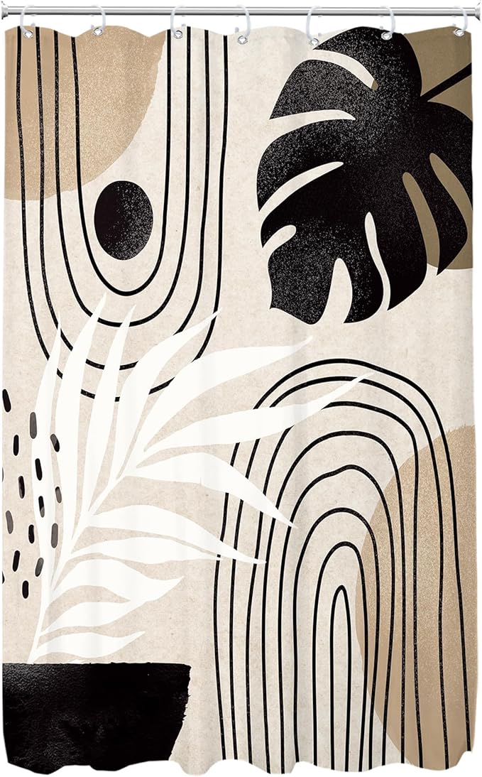 Glawry Boho Mid Century Shower Curtain Small Stall Abstract Black Beige Brown Plant Tropical Palm Leaf Minimalist Bathroom Modern 48Wx72L Inches Bath Accessories Art Home Decor Fabric 8 Pack Hook