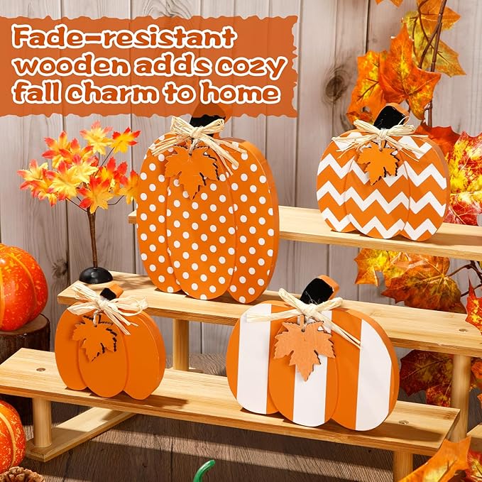 4 Pcs Fall Pumpkin Decor 3D Pumpkin Wooden Tabletop Signs Farmhouse Thanksgiving Autumn Standing Table Centerpieces Rustic Tiered Tray Decor for Home Kitchen Harvest Party(Orange and White)