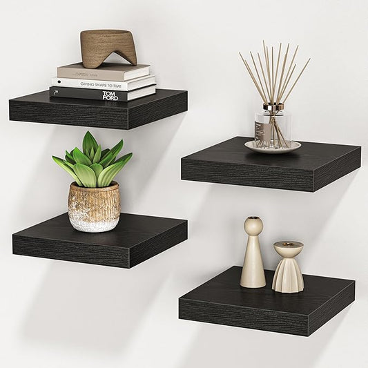 Square Floating Shelves for Wall, 8" W x 8" D x 1.2" H, Small Wooden Wall Mounted Display Shelves with Invisible Brackets for Living Room, Bedroom, Bathroom, Kitchen Decor, Set of 4, Black