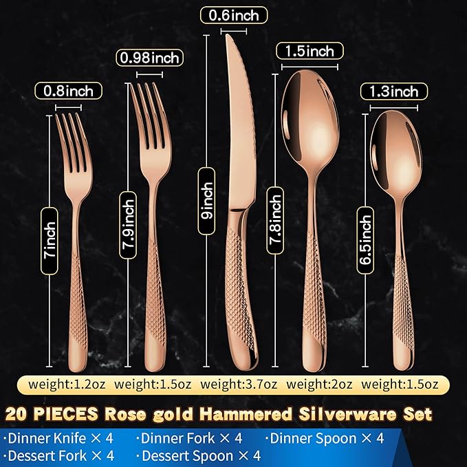 Lemeya 20-Piece Hammered Rose Gold Silverware Set for 4 with Serrated Forging Knives,18/10 Stainless Steel Modern Flatware Set,Unique Cutlery Set Spoons and Forks Set,Mirror Polished,Dishwasher Safe