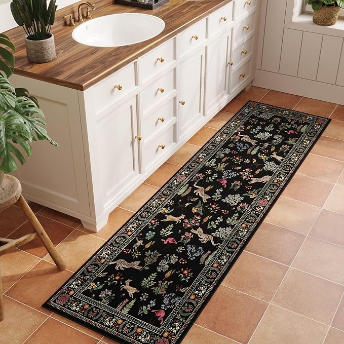 Rugcomf Runner Rug for Kitchen Rug Non Slip 2'x6' Washable Rugs with Rubber Backing Soft Floral Animal Carpet Runner for Kitchen, Laundry, Bedroom, Bathroom (Black)