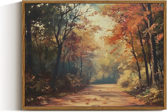 VIYYIEA Vintage Framed Canvas Wall Art, Autumn Forest Art Prints, Rustic Fall Landscape Decor for Living Dining Therapy Study Room Hallway Office Bedroom, Farmhouse Country Decor,12x16 Inch