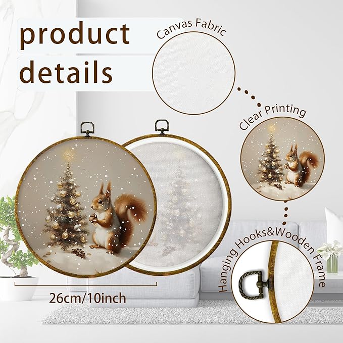 XPH Vintage Christmas Squirrel Round Wall Art Framed, Whimsical Christmas Tree Circle Wall Decor, Cozy Winter Squirrel Hanging Canvas Prints for Home Bedroom Living Room Decoration, 10x10 Inch