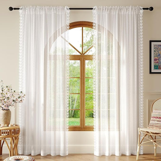 Sheer White Curtains – Vintage Boho Sheer Curtains for Bedroom/Living Room, Light Filtering Rod Pocket Drapes, Privacy Elegant Lacy Pattern Window Treatments, 52W x 96L Inch, 2-Panel Set