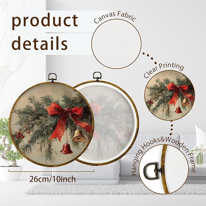 XPH Rustic Christmas Round Wall Art Framed, Winter Coquette Red Bow Bell Botanical Circle Wall Decor, Farmhouse Christmas Hanging Canvas Prints for Home Bedroom Living Room Decoration, 10x10 Inch