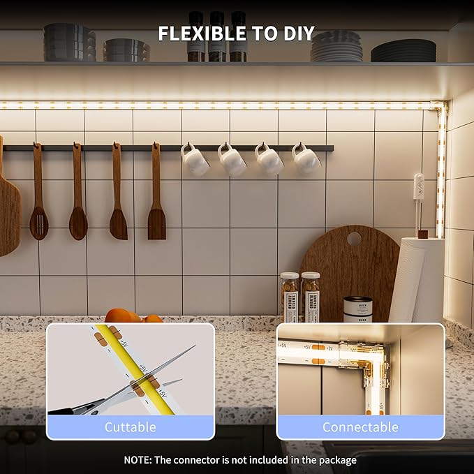 PAUTIX COB LED Strip with Motion Sensor,5V USB LED Tape Light 4000K Natural White 9.84ft/3m,CRI90+ Super Bright 960LEDs,Dimmable Motion Activated LED Strip Light for Bedroom,Cabinets,Kitchen,Closet