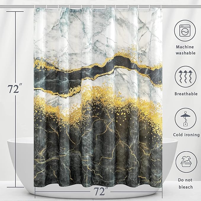 Marble Shower Curtain, Black and White Shower Curtain Set with 12 Hooks, Abstract Luxury Black Marble Shower Curtain with Gold Veins Texture for Bathroom, Waterproof Fabric, 72" W X 72" L