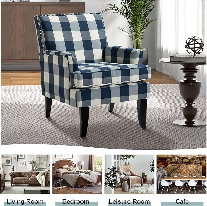HULALA HOME Modern Accent Chairs Set of 2, Farmhouse High Back Buffalo Plaid Chairs with Wooden Legs & Nail Head Trim, Comfy Upholstered Armchairs for Living Room/Bedroom (Buffalo Navy)
