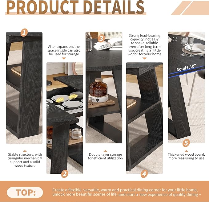 43.3in-59in Extendable Round Dining Table for 2-8,Modern Kitchen Oval Dining Table with Removable Leaves Space Saving,Wood Base with Storage Shelf for Kitchen Living Room (Black Style 2)