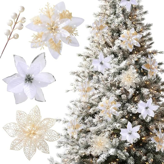 Floweroyal 30pcs Poinsettia Artificial Christmas Flowers Decorations with Clips and Berry Stems Glitter Ornaments for Christmas Tree Wreath Fireplace Stairs Decor (White-3 Styles)