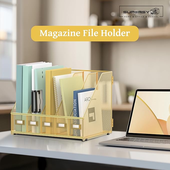 SUPEASY Desk Organizers Metal Desk Magazine File Holder with 5 Vertical Compartments Rack File Organizer for Office Desktop, Home Workspace, Gold
