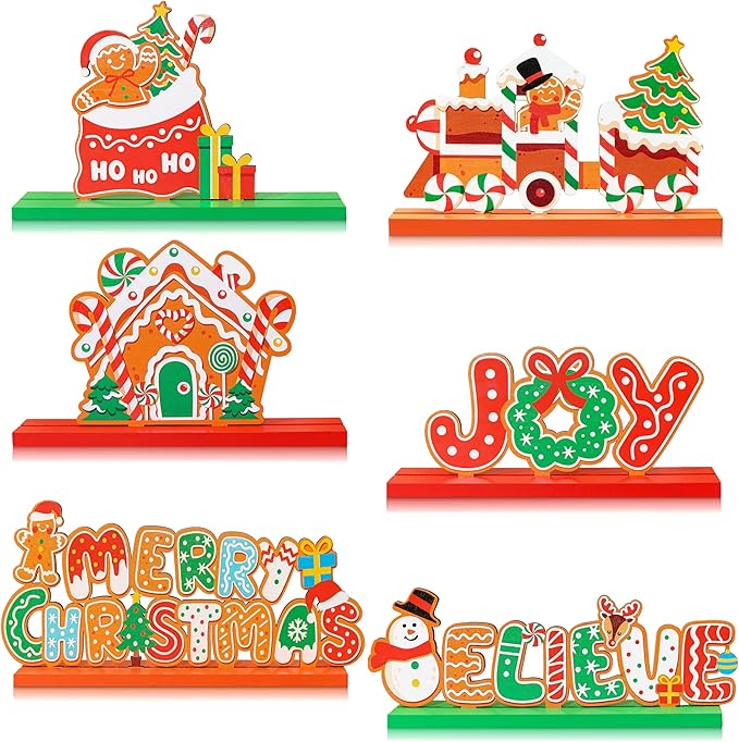 6PCS Christmas Table Decorations, Gingerbread Style Wooden Christmas Decorations, Seasonal Holiday Centerpieces, Winter Tabletop Display for Holiday Celebration, Xmas Home Decor