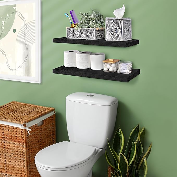 Sorbus Wood Floating Shelves for Wall - 24” Solid Wood Wall Shelves for Bathroom Decor, Books, Bedroom & Living Room - Set of 2 Black Wall Mounted Kitchen Shelves - Durable Solid Pine