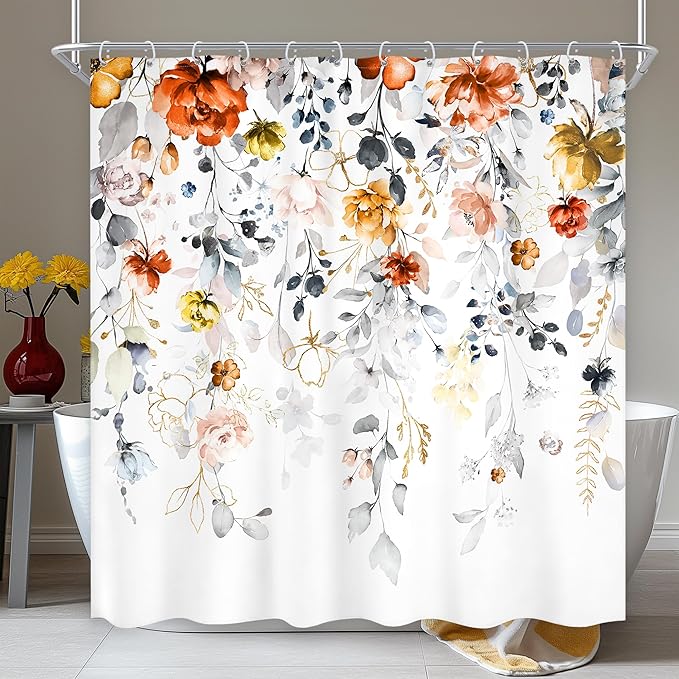 Floral Shower Curtain 72Wx72L Inch Flower Rustic Wildflower Blossom Watercolor Plant Botanical Spring Grey Fall Autumn Eucalyptus Leaf Bathroom Set Bath Curtain Bathtub Accessories Home Decor