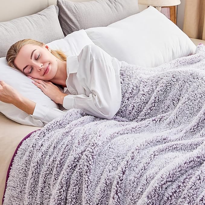 EMME Soft Sherpa Fleece Blanket Reversible Plush Fluffy Large Blanket, Light Weight Warm Decorative Boho Blanket Cover for Sofa, Couch, Bedroom,Travel(Plush Purple,90"x90")