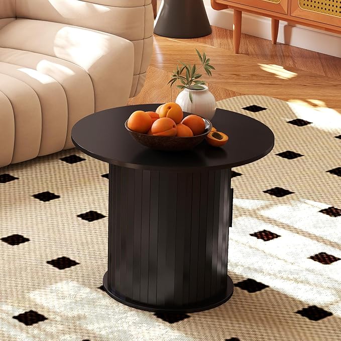 Round Wood Coffee Table 23.6IN with Hidden Storage & Sliding Door, Circle Farmhouse Side Table Sets for Living Room, Bedroom, Balcony, Small Spaces, Black