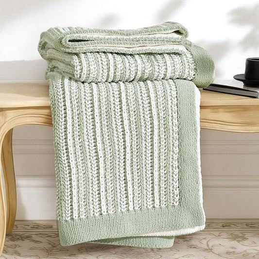 Amélie Home Striped Knit Throw Blanket for Couch, Dual-Sided Soft Chenille Decorative Blankets for Sofa & Chair, 50"x60", Sage Green & White