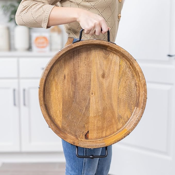 16" Large Round Ottoman Tray, Heavy Duty Mango Wood, for Serving Tea, Breakfast in Bed, Living Room Large Coffee Table Tray Rustic with Farmhouse Style, Decorative Handles and Accent Strap