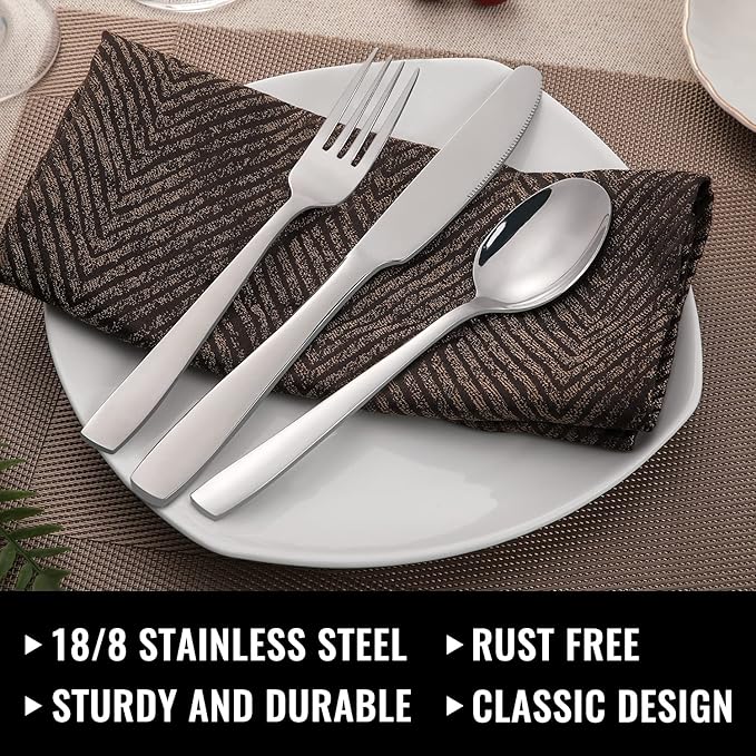 Hiware 24-Piece Silverware Set with Steak Knives, Stainless Steel Flatware Cutlery, Mirror Polished Flatware Serving Utensils Set for 4, Includes Forks Spoons Knives Silverware, Dishwasher Safe