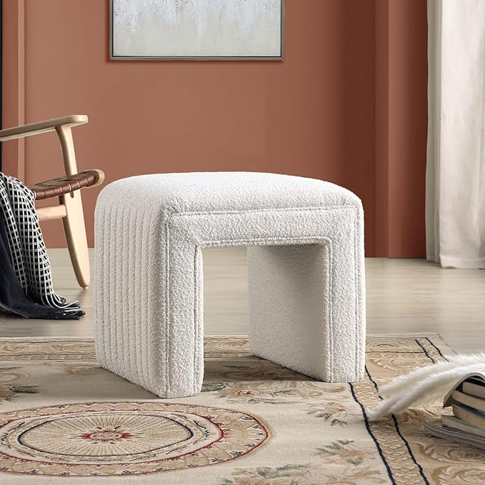 Get Set Style Vanity Stool Chair,Modern Boucle Ottoman Foot Stool with Wooden Legs Sofa Bench Footstool Extra Seat for Vanity,Makeup Room,Living Room,Entryway,Office (Fully Assembled)