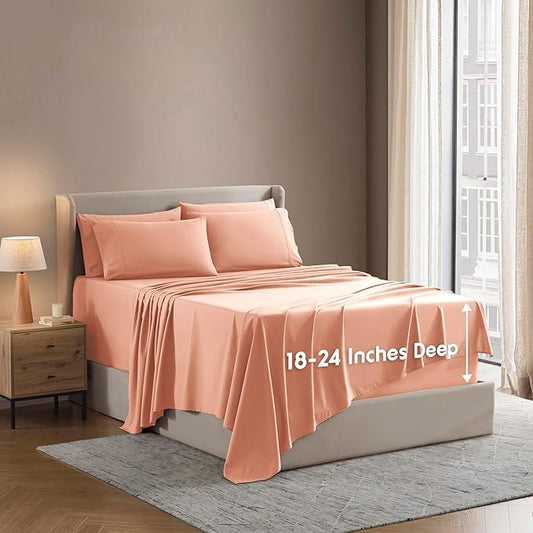 Nestl Extra Deep Queen Sheet Set - 6 Piece Breathable & Cooling Sheets - Hotel Luxury Bedding Set w/18-24 Inch Deep Pockets - Easy & Secure Fit - Super Soft, Wrinkle Free & Comfy - Peach Beige