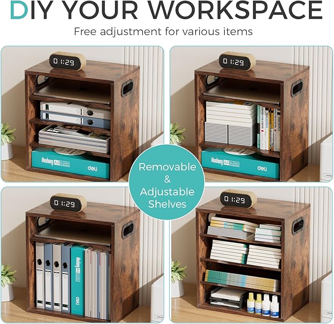 Vintage Wood File Organizer Desktop-14.5’’ Document Letter Mail Tray Sorter with 3 Adjustable Shelves Wooden Desk Organizer File Holder for School Home Office Supplies (Retro Brown)