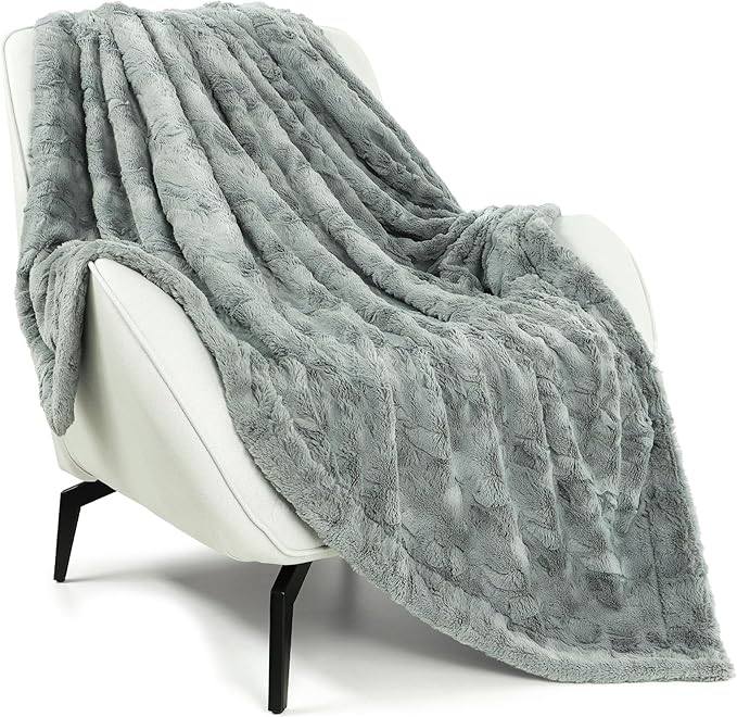 TOONOW Faux Fur Luxury Throw Blanket,Double Side Soft Fluffy Shaggy Fuzzy Blanket for Couch Sofa Bed (Glacier Gray, Throw)