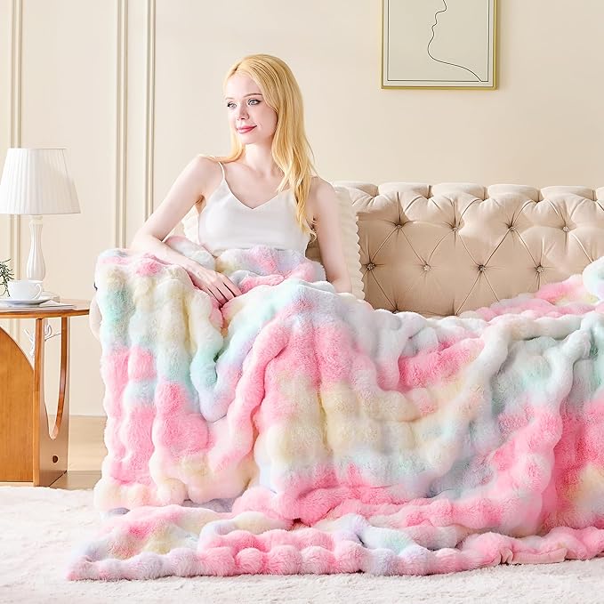 Luxury 1000GSM Faux Rabbit Fur Throw Blanket, Super Heavy Warm Cozy Blankets for Couch Bed Sofa, Bubble Plush Fuzzy Elegant Soft Reversible Mink Blanket for Living Room Bedroom, Rainbow