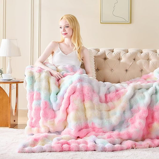 Luxury 1000GSM Faux Rabbit Fur Throw Blanket, Super Heavy Warm Cozy Blankets for Couch Bed Sofa, Bubble Plush Fuzzy Elegant Soft Reversible Mink Blanket for Living Room Bedroom, Rainbow