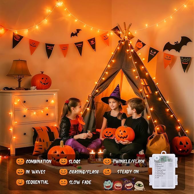 JMEXSUSS Orange Battery Operated Halloween Lights, 33ft 100 LED Battery Christmas String Lights, Orange Twinkle Mini Lights with Remote Indoor Outdoor Waterproof for Fall Halloween Decorations