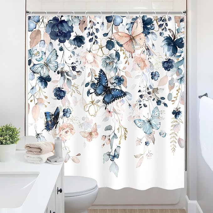 Blue Floral Butterfly Shower Curtain 72Wx72L Inch Navy Flower Plant Gold Leaves Botanical Pastel Watercolor Bathroom Set Pretty Rustic Country Bath Curtain Bathtub Accessories Home Decor