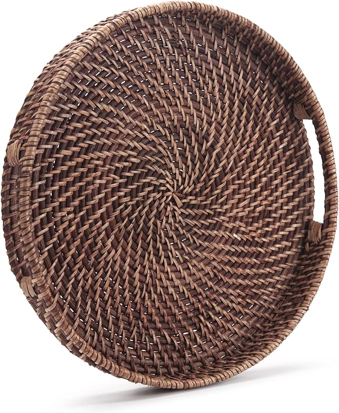 Round Rattan Woven Serving Tray with Handles Ottoman Tray for Breakfast, Drinks, Snack for Coffee Table, Home Decorative (11"x1.6", Honey Brown)