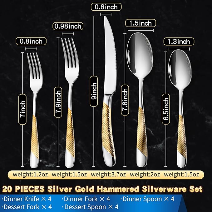 Lemeya 20-Piece Hammered Silver Gold Silverware Set for 4 with Serrated Forging Knives,18/10 Stainless Steel Modern Flatware Set,Unique Cutlery Set Spoons and Forks Set,Mirror Polished,Dishwasher Safe