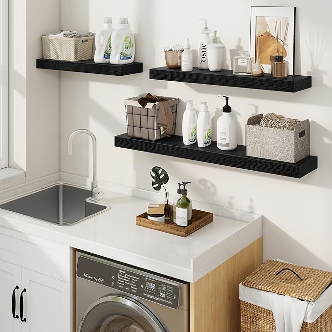 fuqing Floating Shelves for Wall, Bathroom Shelf Wall Mounted for Storage, Shelves with Invisible Bracket for Bedroom, Kitchen, Living Room, Farmhouse Small Book Shelf, 24 Inch Set of 2, Black