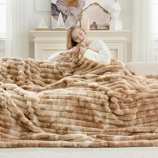 Cozy Bliss Faux Fur Throw Blanket for Couch, Cozy Warm Plush Striped Blanket for Sofa Bedroom Living Room, 108 * 90 Inches Tie-dye Kahki