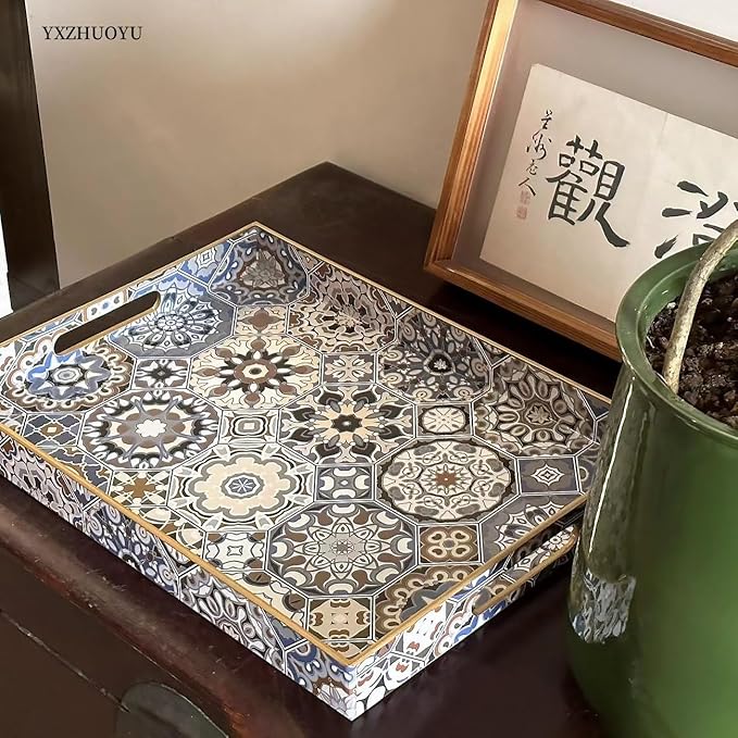Boho Sturdy Acrylic Serving Tray with Handles-15.7x11.8Inch, Morden Plastic Rectangular Serving Tray for Coffee Table Bathroom, Ottoman, Home Decor