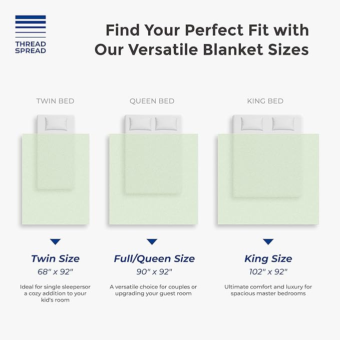 THREAD SPREAD Organic GOTS Cotton Certified Blanket, King/Cal King - 350GSM, Oversized Antistatic, Fuzzy Soft, Couch, Bed, Luxurious Herringbone All-Season Throw, Sage Green, Free Tote Bag