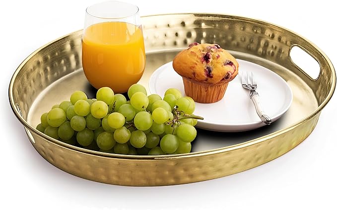 Monarch Abode Hand Hammered Metal Serving Tray with Handles, 17-Inch Brushed Gold Finish– Oval Serving Platter, Large Serving Tray for Party, Fruit Platter, Dessert Trays, Serving Dishes