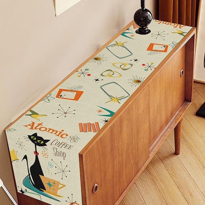 Mid Century Modern Table Runner, Retro 1950s 60s Abstract Style Colorful Black Cat Geometric Atomic Star Coffee Table Center Decor for Home Kitchen Dining Patio Holiday Party Decorations 13x72 inches