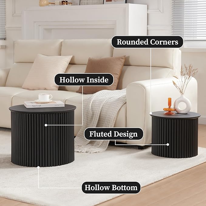 Small Fluted Round Nesting Coffee Table Set of 2, Mid Century Modern Coffee Table Circle Side Table, Wood Nesting Table Farmhouse End Tables Set for Living Room, Bedroom, Small Spaces(Black