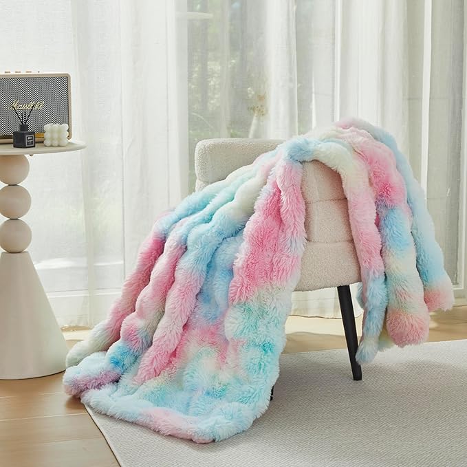 Faux Fur Throw Blanket for Couch Cozy Fuzzy Soft Plush Thick Fluffy Fleece Bubble Blanket for Sofa Bedroom Living Room, 63x79 Inches Rainbow