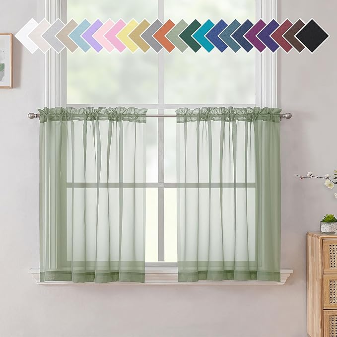 Aiyufneg Small Sheer Tier Curtains Half Kitchen Curtain Sheers Light Filtering Farmhouse Window Panels Rod Pocket Voile Short Curtain for Bathroom, 40W x 24L, Sage Green, Set of 2 Panels