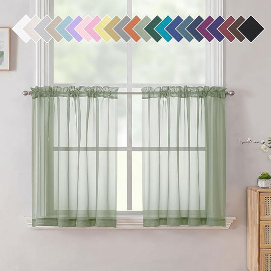 Aiyufneg Small Sheer Tier Curtains Half Kitchen Curtain Sheers Light Filtering Farmhouse Window Panels Rod Pocket Voile Short Curtain for Bathroom, 40W x 24L, Sage Green, Set of 2 Panels