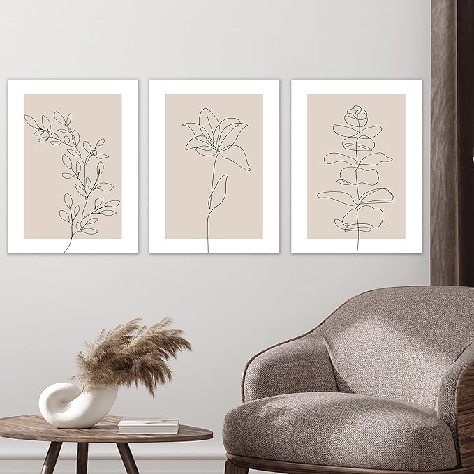 arfitest Neutral Plant Poster Wall Art 3 Pieces Canvas Minimalist Abstract Plant Painting Print Beige Leaf Print Wall Trim Line Art Bathroom Bedroom Living Room Decor 12x16 Inches