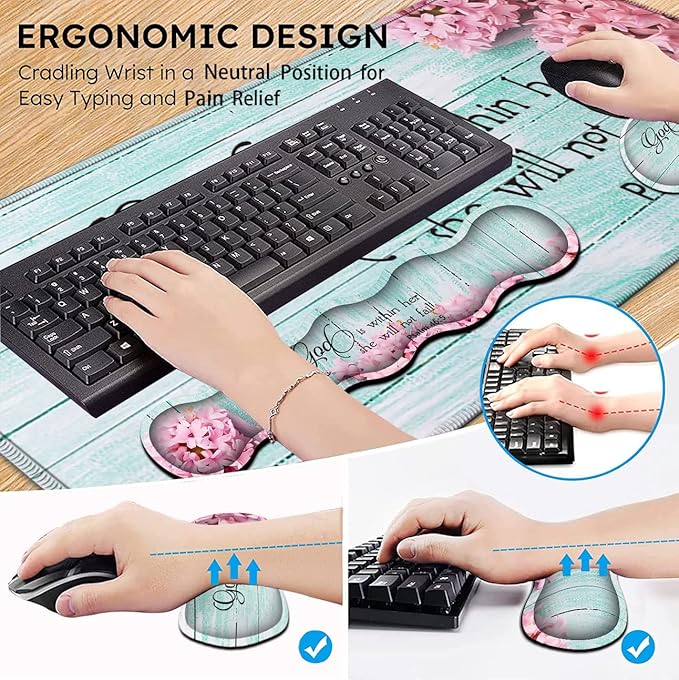 Mouse Pad Set, Large Gaming Mouse Pad + Keyboard Wrist Rest Support + Mouse Wrist Cushion + Coaster, Non-Slip Rubber Base, 31.5 x 11.8 in Extended Desk Mat for Office, Psalm 46-5 Pink Hyacinth